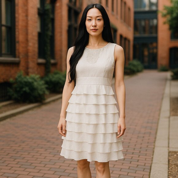 VTG Adrianna Papell Beaded Sleeveless Dress Women's 10 Rayon Ivory Lined Ruffles - Picture 7 of 15